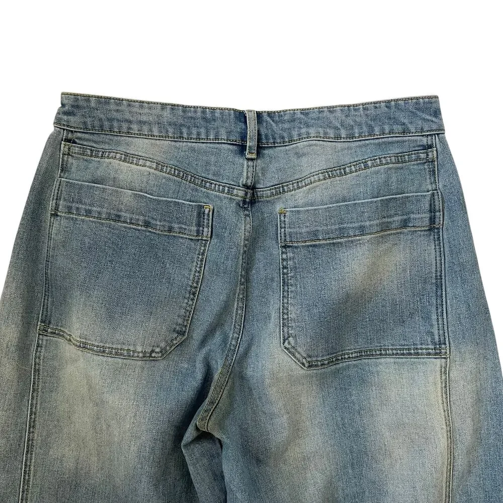Miou Muse Barrel Jeans - Blue Denim - Wide Leg - Cropped - High-Rise - Size L